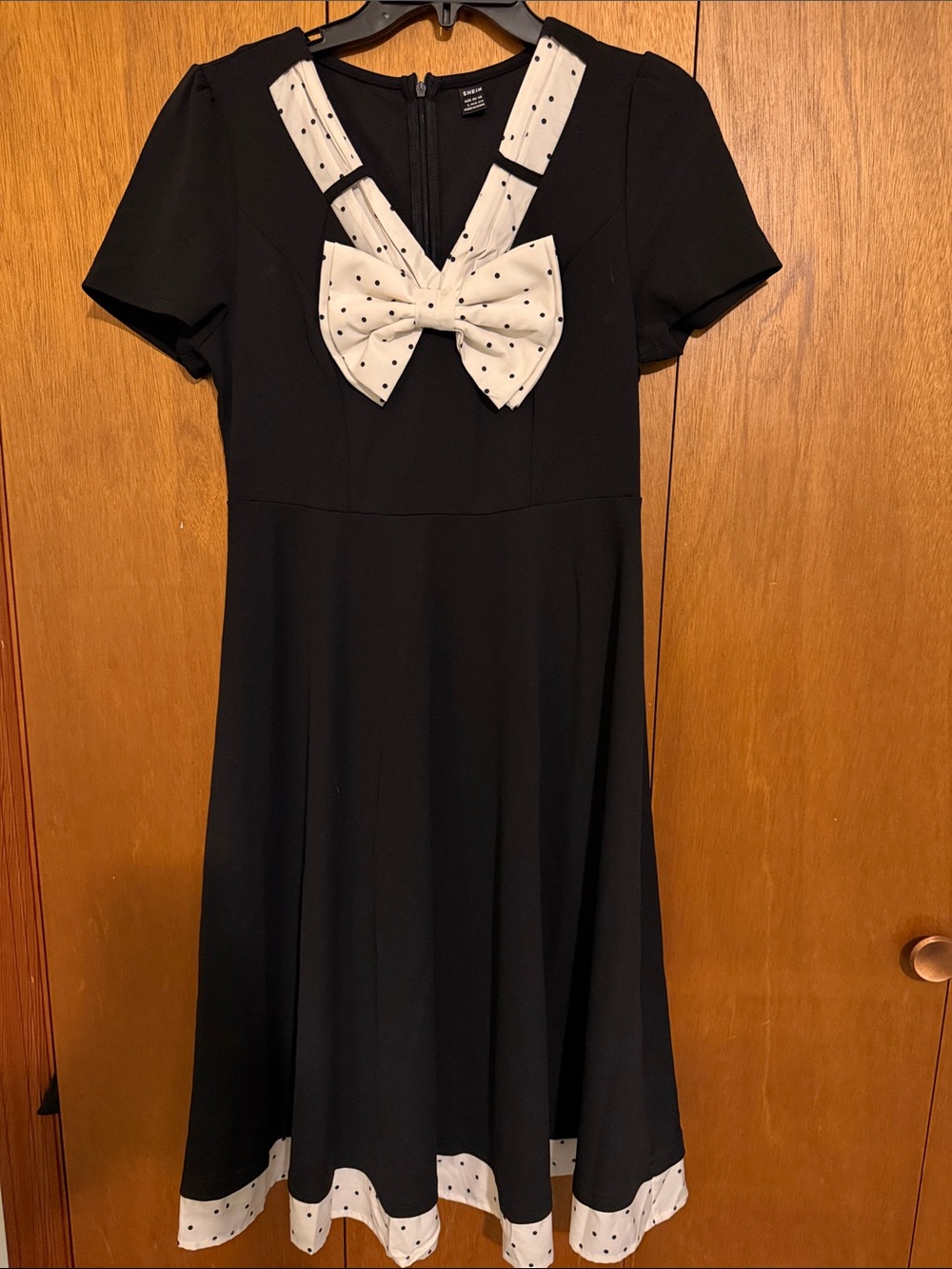 SHEIN Black Fit-and-Flare Dress with White Polka Dot Bow